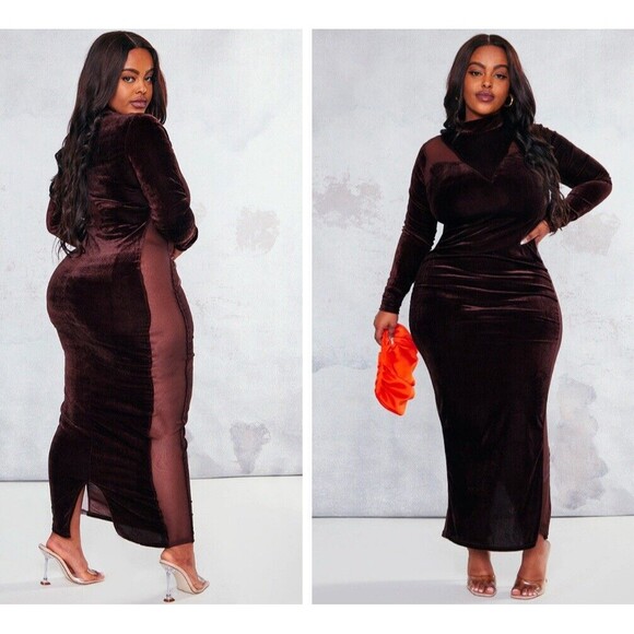Pretty Little Thing Chocolate Velvet Maxi Dress Side Mesh Panel US size 18 NWT - Picture 1 of 14